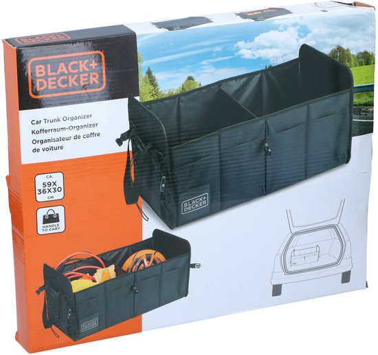 BLACK+DECKER Kofferbak Opbergbox - 59 x 36 x 30 CM - 2 Vakken - Extra Zijvakken - Met Handvatten - Zwart