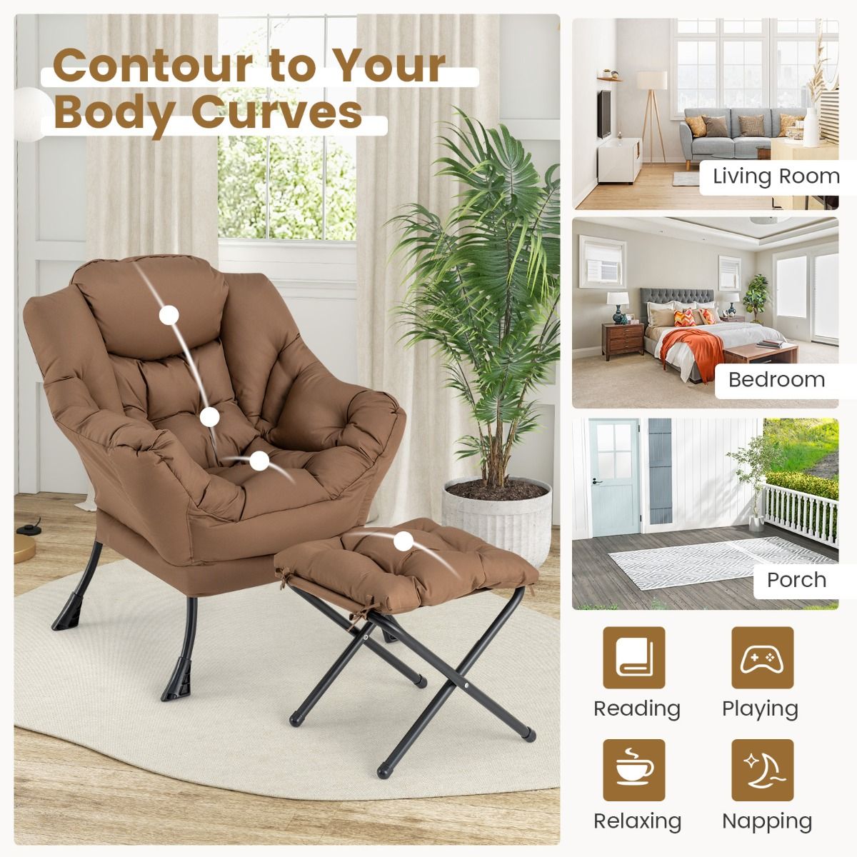 Coast Fauteuil met Kruk - Relaxstoel met armleuningen en voetensteun - Ergonomisch design - Bruin