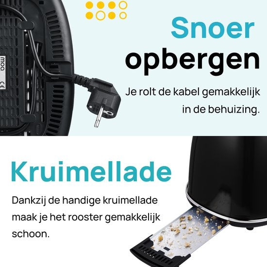 MOA Retro Broodrooster - 6 Warmteniveaus - 2 Extra Brede Sleuven - 850W - Reheat en Ontdooi-functie - Zwart - T3B