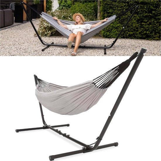 Vita5 Hangmat met Standaard – 2 Persoons – Verstelbare Lengte – Incl. Draagtas – Draaggewicht 205 kg – Grijs