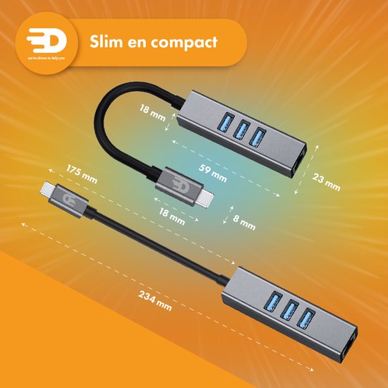 Drivv. USB C naar Ethernet Adapter met 3 USB 3.0 poorten - 100/1000 MBps - Internet Adapter - Netwerkadapter