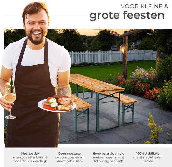tectake® - Biertafel met 2 banken - 8 personen - 170 cm lang - 3-delige biertafelset met inklapbare tafel en banken - Tuintafel - Bierbank Oktoberfest