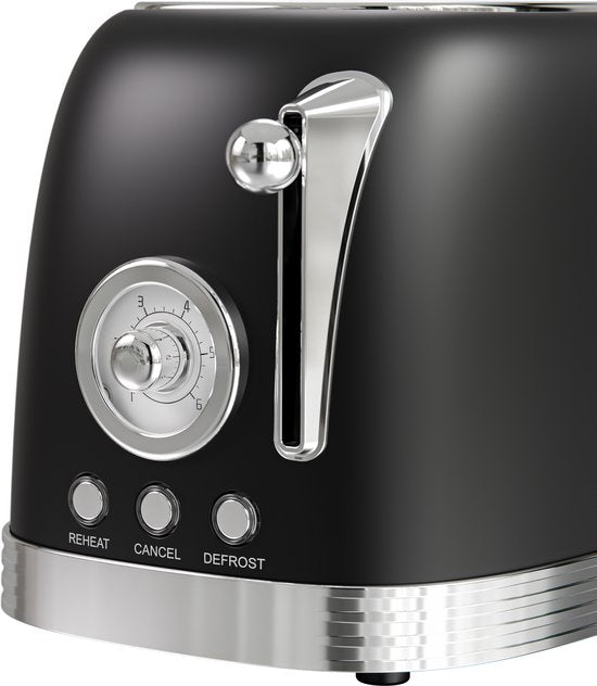 KitchenBrothers Retro Broodrooster - Toaster - 6 Warmteniveaus - 2 Extra Brede Sleuven - 815W - Zwart