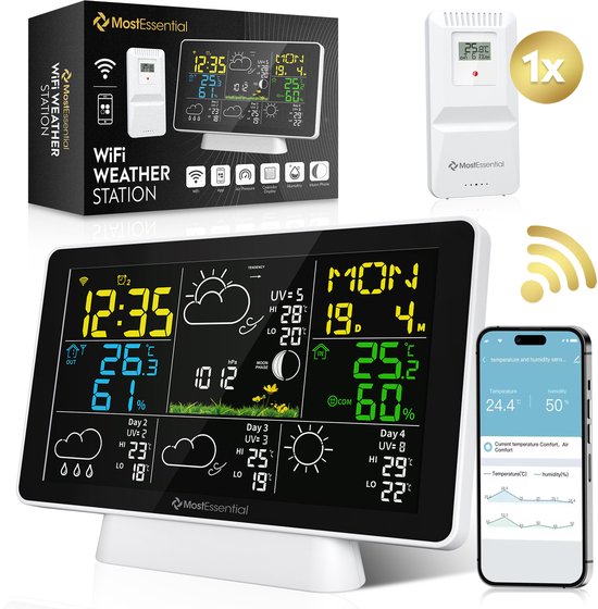 MostEssential Weerstation Wifi Edition - Plug & Play Installatie - Draadloos - Weerstation met Buitensensor - Hygrometer - Binnen en Buiten - 150 Meter Bereik - Inclusief App - Wit - 1 sensor