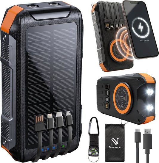 Nuvance Solar Powerbank 20000mAh - 22.5W Snellader - USB C & USB A - 4x Ingebouwde Kabels - Draadloze Powerbank 15W - Noodpakket - Powerbank Zonneenergie