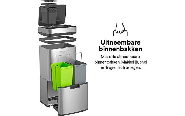 Homra Nexo Sensor Prullenbak – 72L Afvalscheiding (2x12L + 48L) – RVS – Automatisch Openend  – 31.5 x 42 x 82.5 cm -grijs