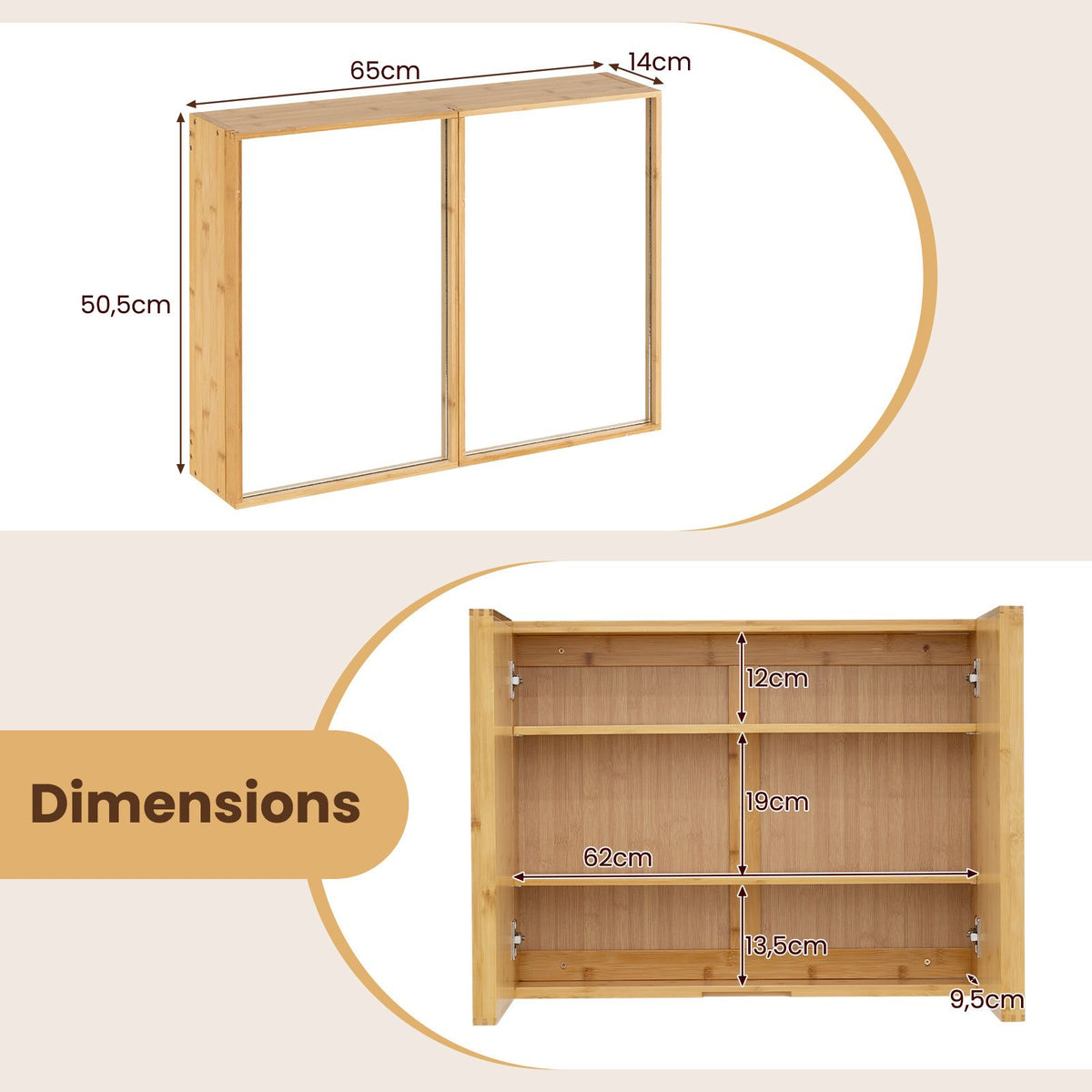 Coast Bamboe Spiegelkast met 2 Deuren en Verstelbare Planken 65x14x50,5 cm – Naturel – Bamboe en Spiegelframe