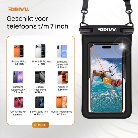 Drivv Luxe Waterdicht Telefoonhoesje 2-in-1 - Drijvend - Dubbele Klipsluiting - Voor Telefoons tot 7 Inch - Zwart