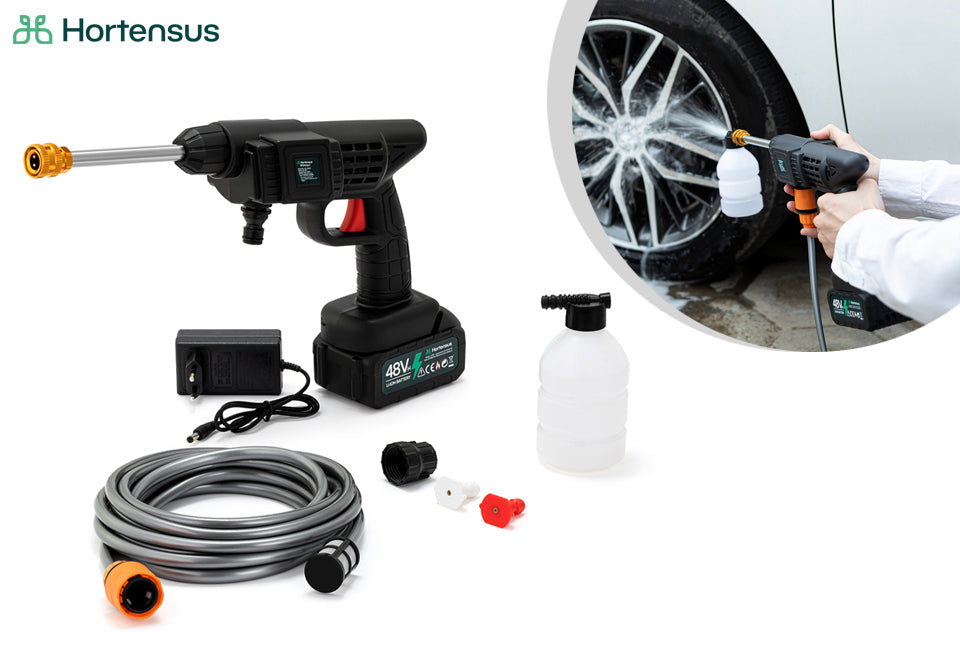 Hortensus 3-in-1 Hogedrukreiniger - Draagbaar - Incl. 48V-Accu en Opbergbox - 25 bar werkdruk - Zwart