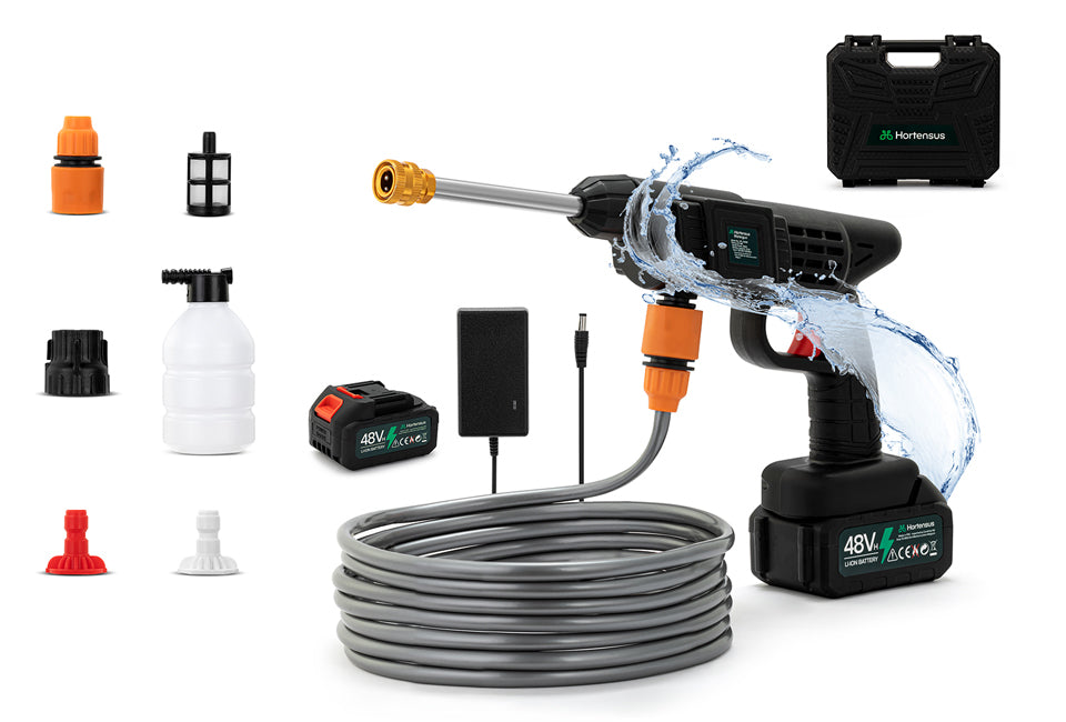 Hortensus 3-in-1 Hogedrukreiniger - Draagbaar - Incl. 48V-Accu en Opbergbox - 25 bar werkdruk - Zwart