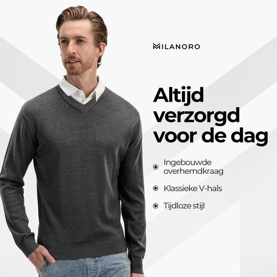 Milanoro - Herenpullover met overhemdkraag - Donkergrijs - S