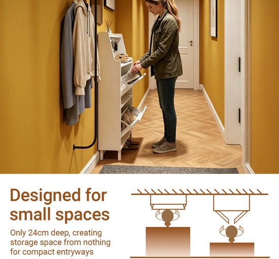 SoBuy Schoenenkast, extra plat 19 cm - opslag tot maat 47 - met haken en open rek voor kleine woning, hal, entree - wit, 60 x 19 x 119 cm, FSR221-W