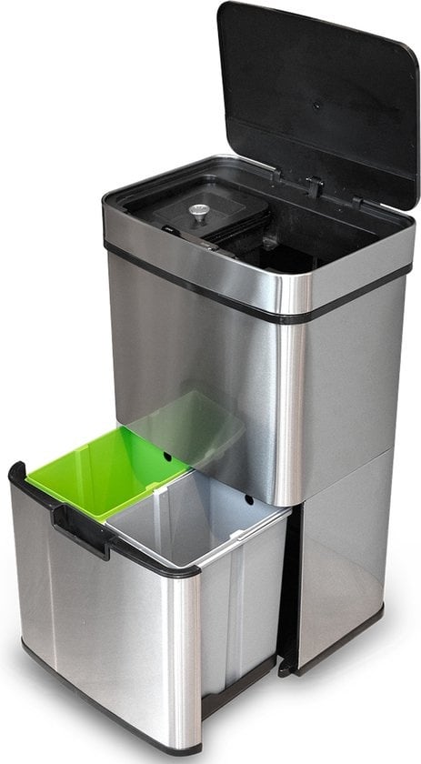 Goliving Automatische Prullenbak Afvalscheiding 64 Liter – Sensor Afvalbak – Handsfree sensor – Afvalemmers – Vuilnisbak voor Binnen – RVS – 40L + 2x12L + 8L – Zilver