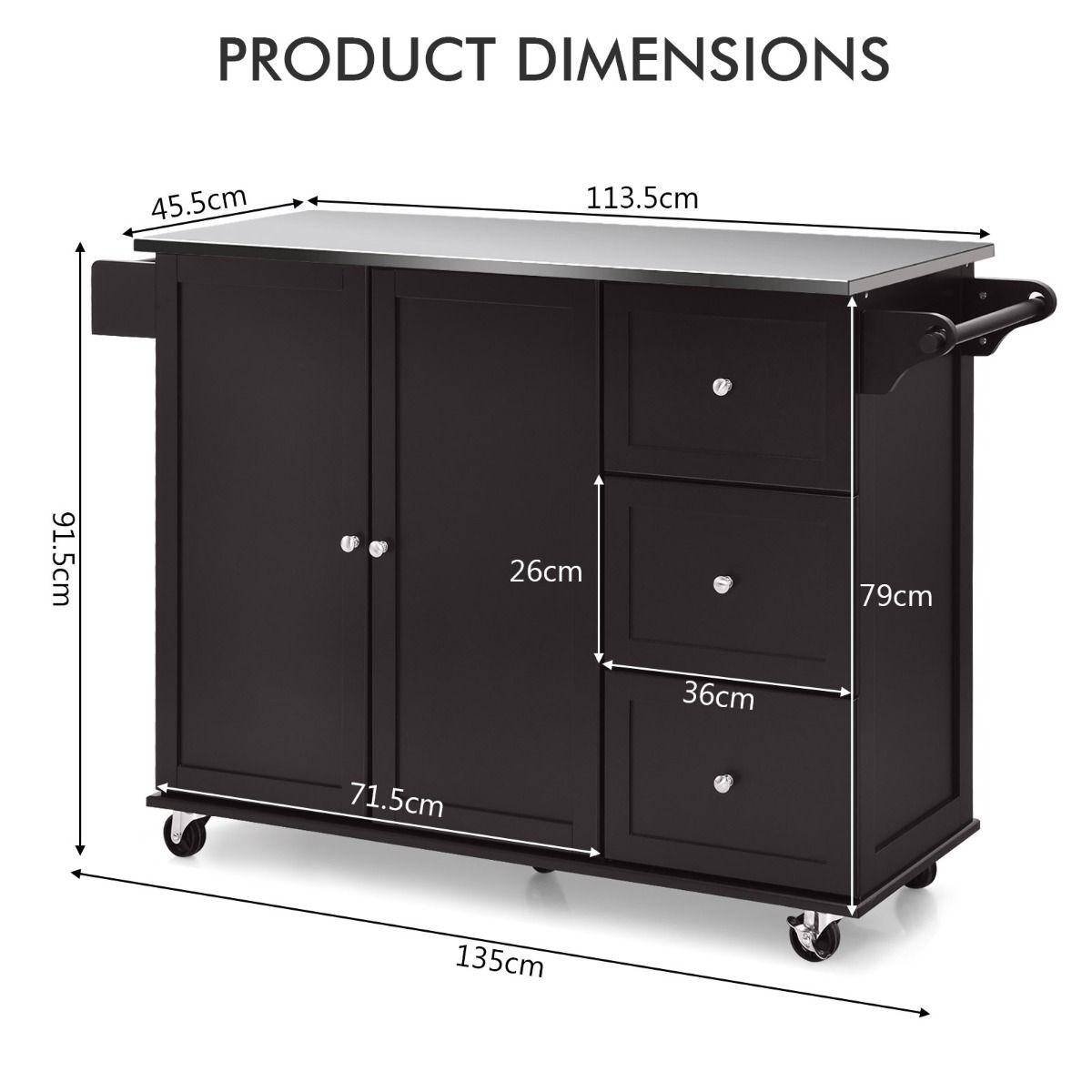 Coast Keukenwagen serveerwagen - RVS - Keukeneiland met 3 laden - 135 x 45,5 x 91,5 cm - Bruin/Wit/Zwart