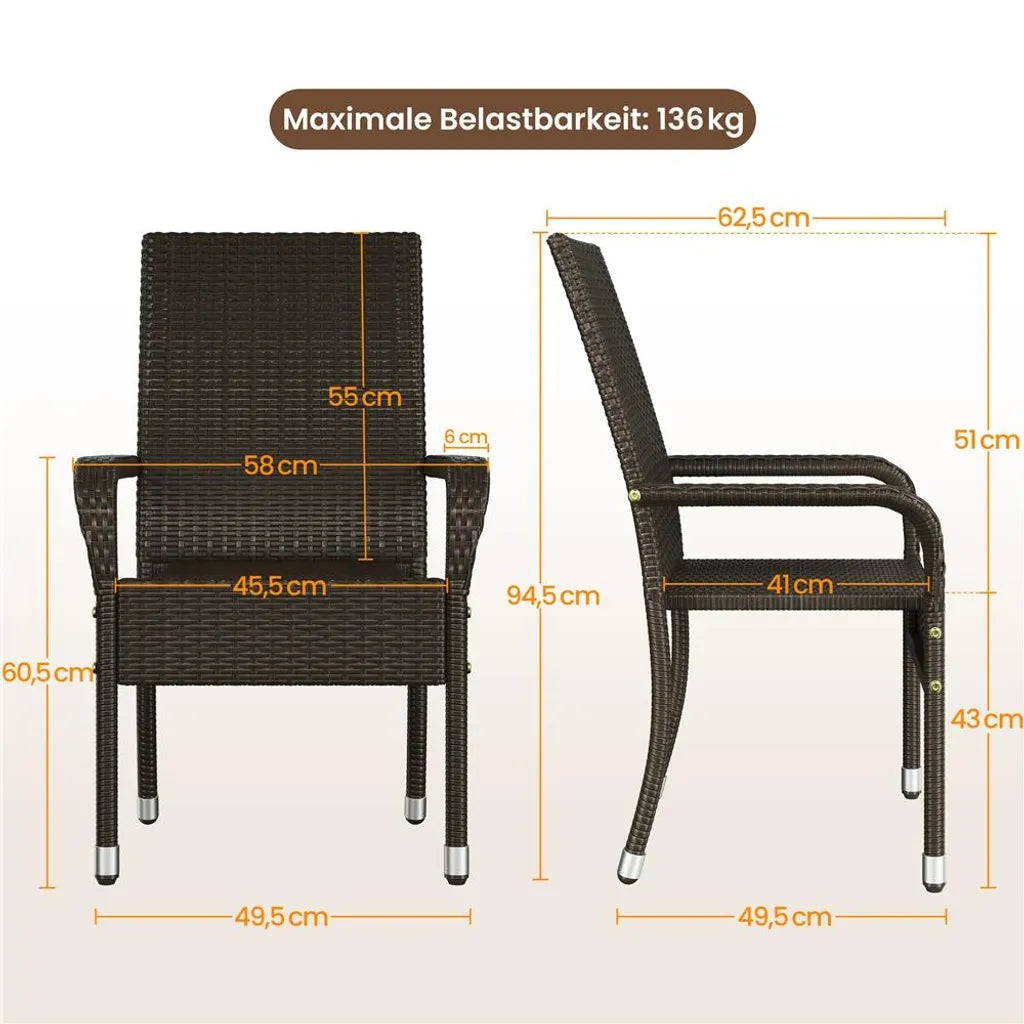 Yaheetech Tuinstoelen Set van 2 – Bruin – Polyrattan – 58 x 62,5 x 94,5 cm – Stapelbaar met Armleuningen