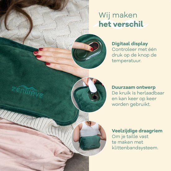 Zenwave Elektrische Kruik met Hoes - Digitaal Display - Warmtekruik & Waterkruik met Handwarmers - Oplaadbare Warmtekussen - Menstruatie Warmteband - Duurzaam & Draadloos - Kamperen & Outdoor - Warmwaterkruik Groen