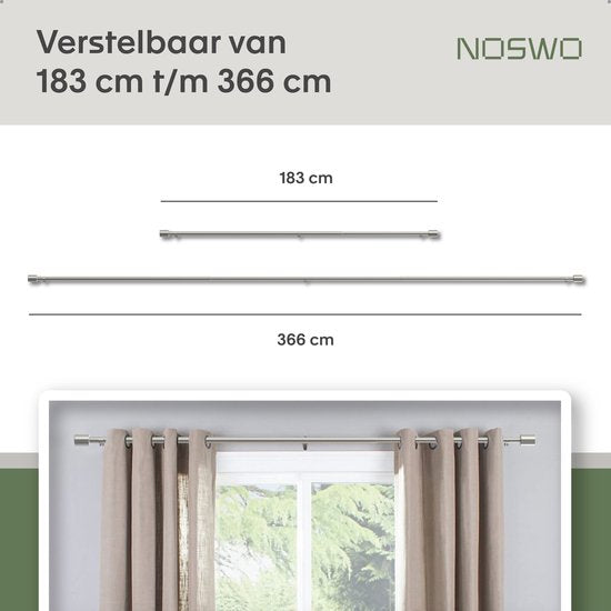 Noswo Gordijnroede - Uitschuifbaar - 183 tot 366 cm - Gordijnstang - Gordijnrails Compleet - Metaal - 300cm - Zilver