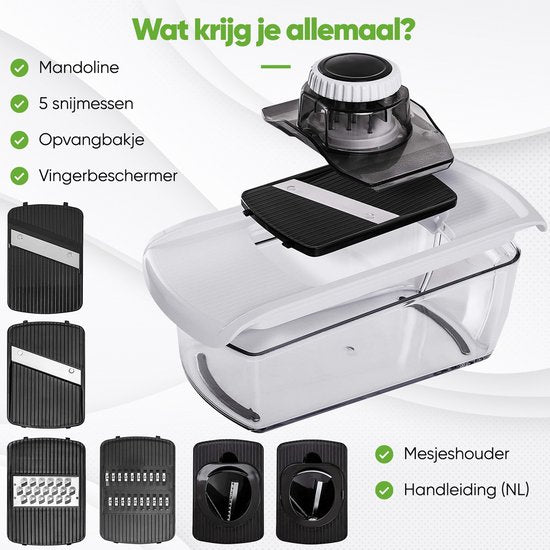 Stosh Mandoline - Groentesnijder - Uiensnijder - Spiraalsnijder - Rasp - 6-delig - Kunststof - BPA vrij - Zwart/Wit