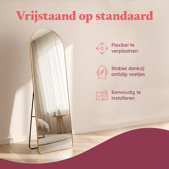 Fraay Passpiegel 160x55cm - Staand & Hangend - Minimalistische Wandspiegel - Staande Spiegel - Geborsteld Goud