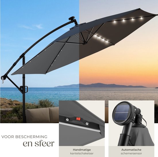 tectake® Zweefparasol met Voet - 3 x 3 m - Tuinparasol met LED-Verlichting op Zonne-Energie - Draaibaar - Waterafstotend Polyester met UV-Bescherming - Inclusief Hoes - Grijs