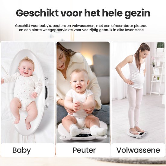 Babyweegschaal - met Weegplateau - Digitale Weegschaal - met Tarra Functie en App - 50g tot 200KG - Wit - van Faas
