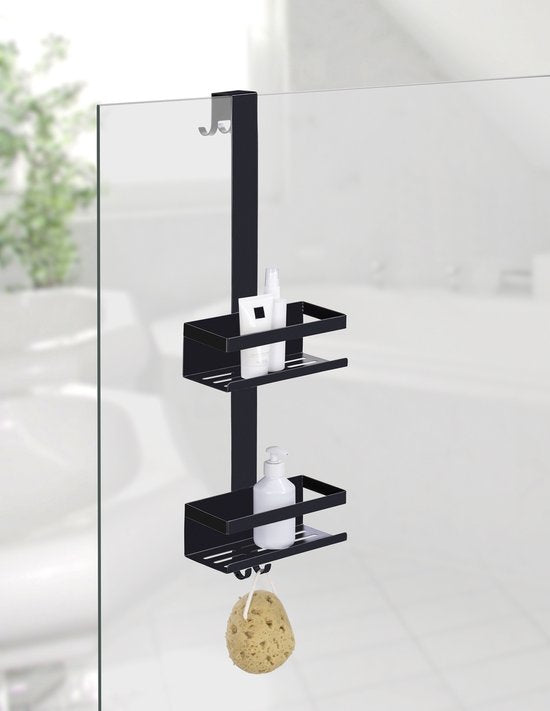 WENKO Doucherek Bribano Duo 2-laags RVS mat zwart 23x71cm - Doucherek zonder boren - Doucherek hangend - Douchemand - Douchecaddy ophangbaar