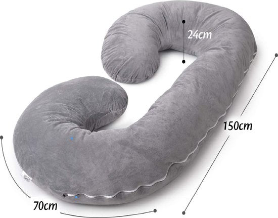 El-Life Zwangerschapskussen XXL – C-Vorm – Zijslaapkussen – Lichaamskussen – Voedingskussen – Body Pillow – 150x70cm – Afneembare Minky Fleece Hoes – Grijs