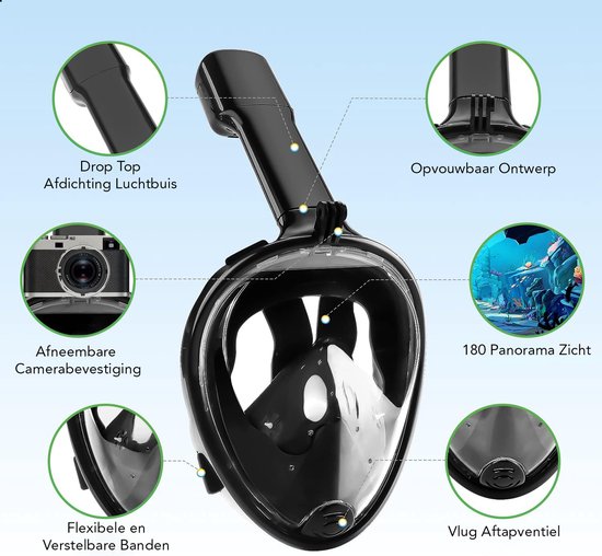 Travelhawk Snorkelmasker - Volwassenen S/M - Snorkelset Zwart - Snorkelmaskers - Full Face Duikmasker - Duikbril met Snorkel - Snorkelen en duiken