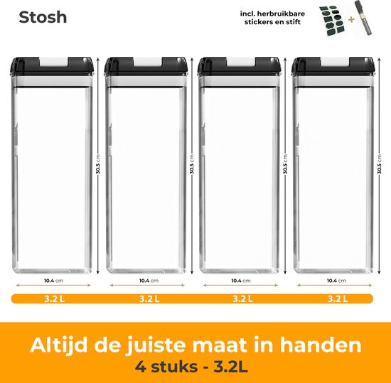 Stosh Voorraadpotten - Voorraadbussen - Snoeppot - 4 Stuks - 3.2L - BPA vrij - Kunststof