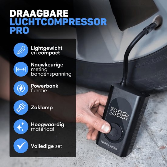 Vulpes Goods® Tech - Draagbare Compressor Bandenpomp - 6400mAh - Elektrische Fietspomp - Luchtcompressor voor Auto, Scooter, Fiets, Bal en Luchtbed - Incl. 7 opzetstukken - Zaklamp - Powerbank - Reiskoffer - PRO