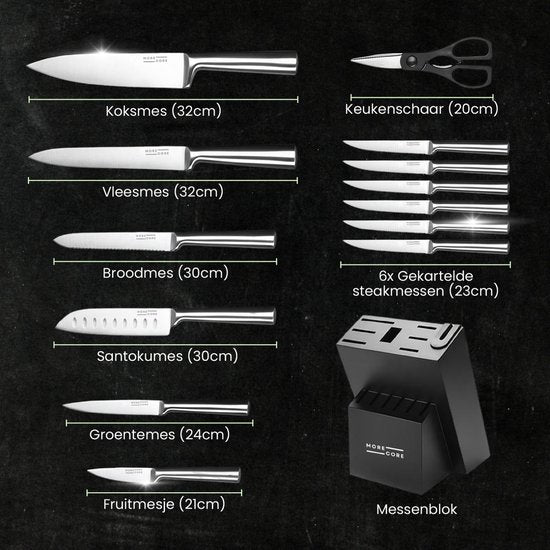 MoreCore Messenset met Blok en Messenslijper - Messenblok - Keukenmessen - Inclusief Keukenschaar - Koksmes - Krasbestendige - RVS - Zilverkleurig/Zwart - Vaderdag Cadeau