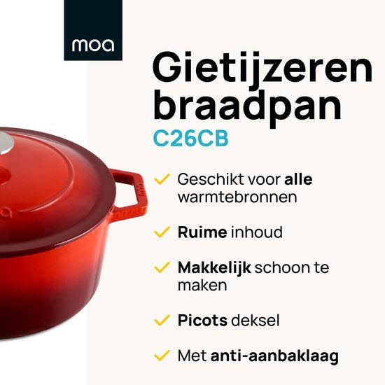 MOA Gietijzeren Braadpan - Inhoud 5,7 liter - 26CM - Rond - Alle warmtebronnen - Ook voor inductie - Gewicht 5,8 kg - Kersenrood - C26CB