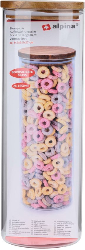 alpina Glazen pot met Deksel - 1650 ML - Vaatwasserbestendig - Borosilicaatglas en Accaciahout