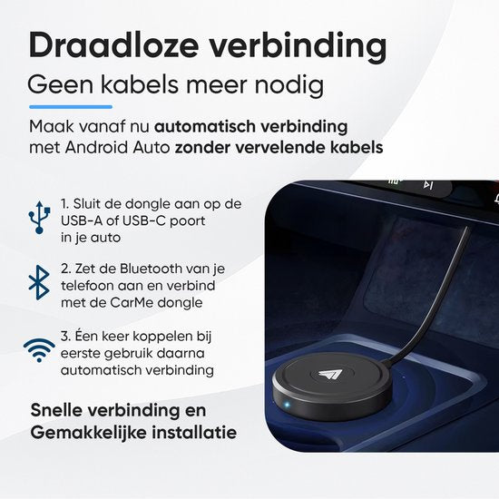 CarMe Luxe Android Auto Dongle - Draadloos Android Auto - USB-A & USB-C - Zwart