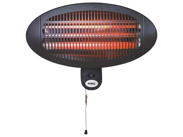 Perel Terrasverwarmer, 2000 W, quartz, wandmontage, met trekschakelaar, plensdicht, 3 warmteniveaus, metaal, zwart, incl. bevestigingsmateriaal