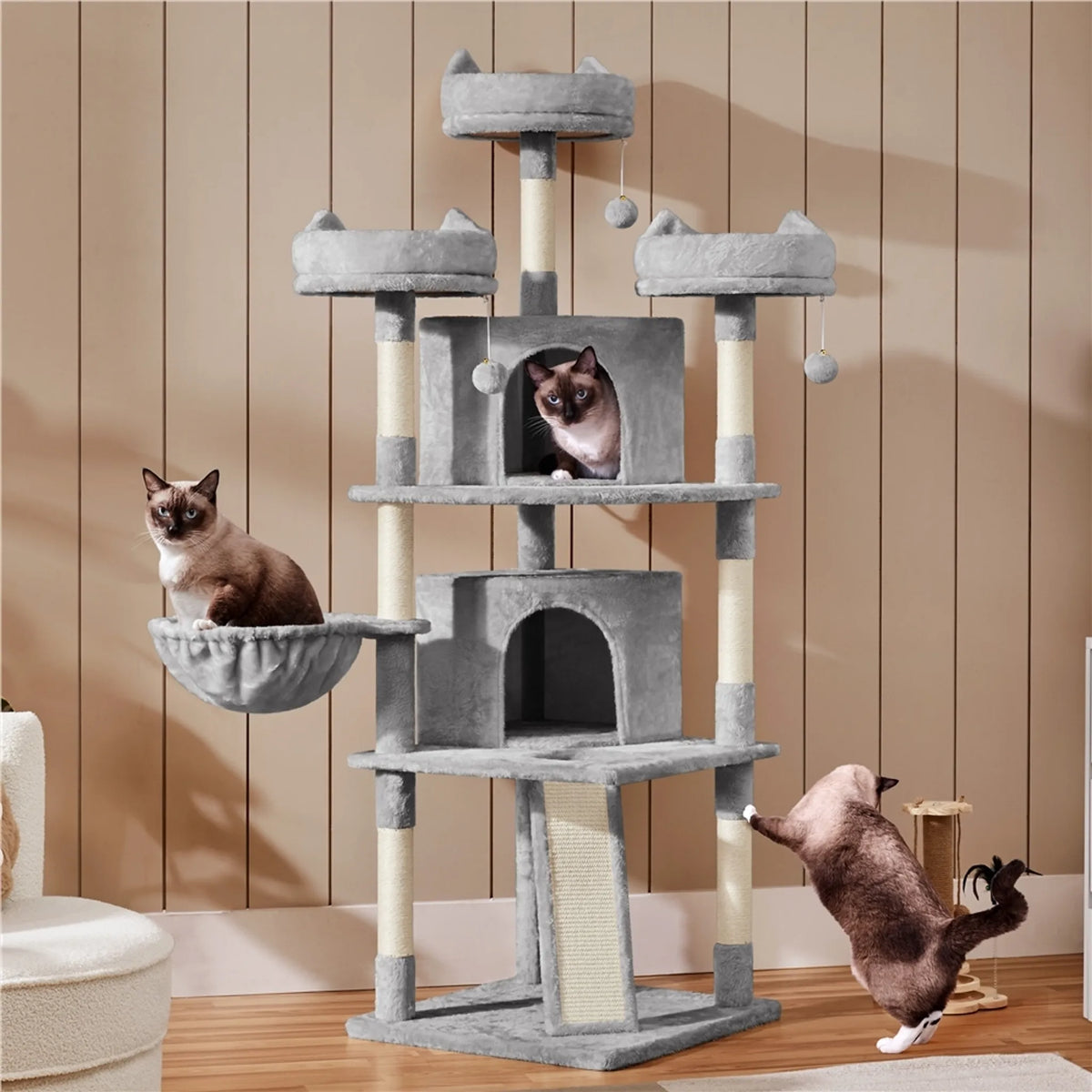 Yaheetech Krabpaal XXL Met 3 Uitkijkplatformen – Voorzien Van 2 Kattenholen En Krabplank En Anti-kantelsysteem – Voor Huishoudens Met Meerdere Katten – Lichtgrijs Pluche En Sisal – 55,5 x 55,5 x 175 cm