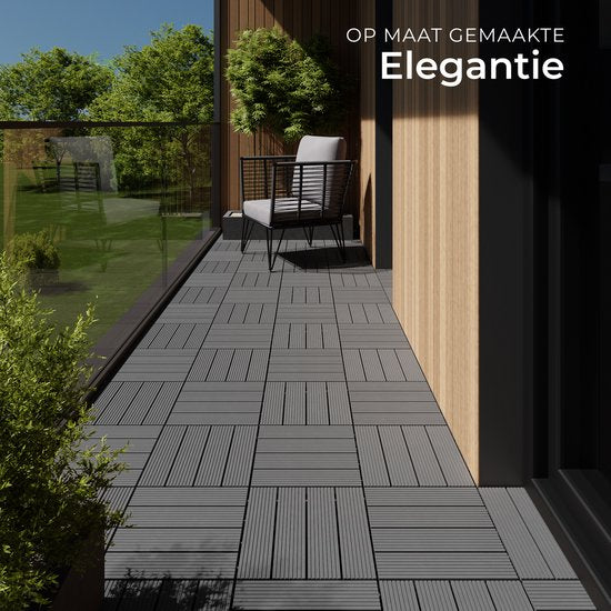 tectake® WPC houten tegels - Houtlook tegels - Weerbestendig - Vloerbedekking voor buiten - Vloertegels - Balkonvloer - Terrastegels met kliksysteem - Afvoer - Set van 11 - Grijs