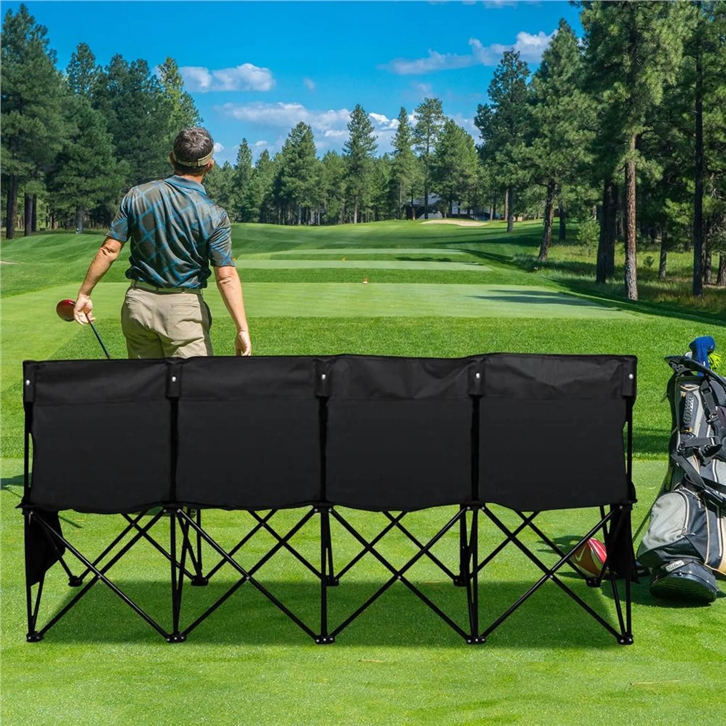 Yaheetech Campingbank Opvouwbaar 4-Persoons – 184 x 49 x 82,5 cm – Voorzien Van 600D Oxford-Stof En Draagtas En 2 Opbergvakken – Voor Kamperen En Sporttoernooien – Zwart Metaal