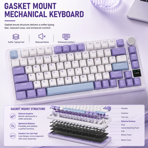 AJAZZ AK820 Pro Mechanisch Toetsenbord - 75% - QWERTY US - Tri-mode - TFT-display - RGB - Grijs - Sea Salt Purple Switches