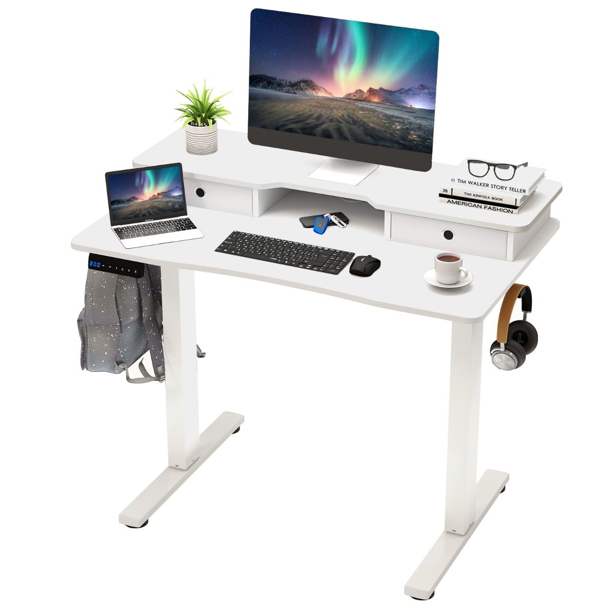 Coast Elektrisch Zit-Stabureau - In hoogte verstelbaar - Met monitorstandaard en lades - Wit 100 x 60 cm