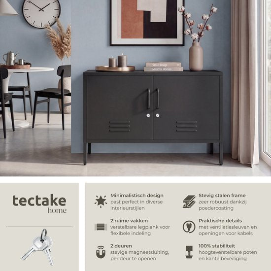 tectake® Stalen Dressoir - TV Meubel - 100 x 42,5 x 65 cm - Commode - Verstelbare Planken - 2 Deuren met Magneetsluiting - Lowboard - Metalen Kast - Zwart