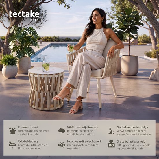 tectake® Tuinset Lugano - Tuinstoel - Loungestoel met Bijzettafel - Buitenstoel in Rope-Design met Aluminium Frame - Buiten Fauteuil met Dikke Kussens - Loungeset voor Tuin of Balkon - Terrasstoel - UV- en Weerbestendig - Beige