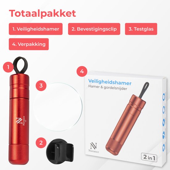 Nuvance - Veiligheidshamer - Noodhamer - Incl. Zelfklevende Houder en Testglas - Lifehammer - Gordelsnijder - Auto Hamer - Veilig Onderweg - Rood
