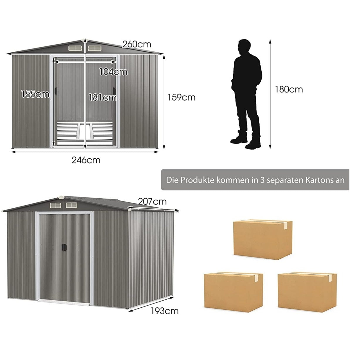 Coast Tuinhuis met Fundering & Dubbele Deuren - Lichtgrijs - 260x207x180cm