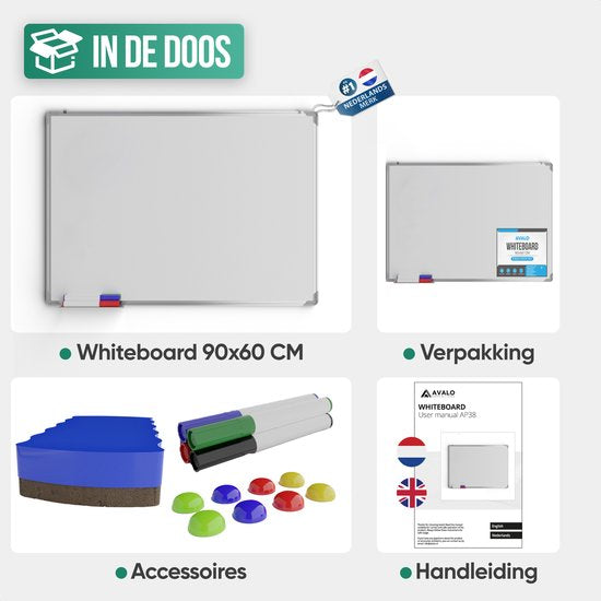 Avalo Whiteboard 60x90 cm - 14 in 1 set - Whiteboard Magnetisch inclusief Markers, Magneten & Wisser