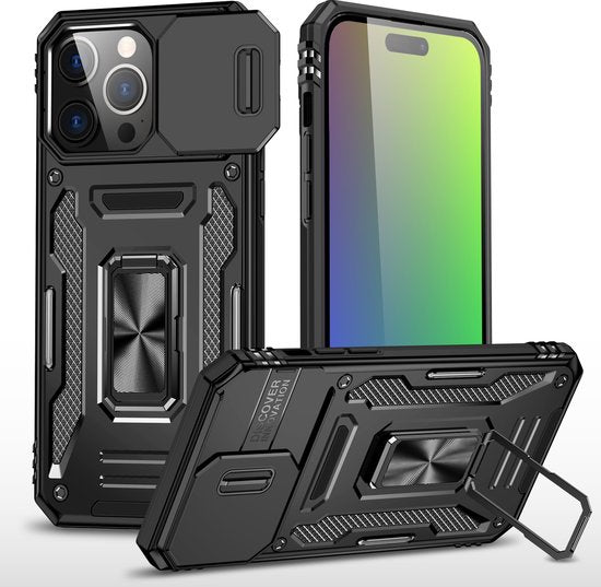 Podec Hoesje geschikt voor iPhone 15 Pro Max Zwart Telefoonhoesje - Anti-Shock Case Cover Hybrid Armor Hoes met Kickstand Ring met Screenprotector