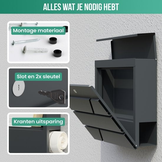 Avalo Brievenbus RVS Antraciet met Krantenvak en Slot - Incl. Montagemateriaal & 2 Sleutels