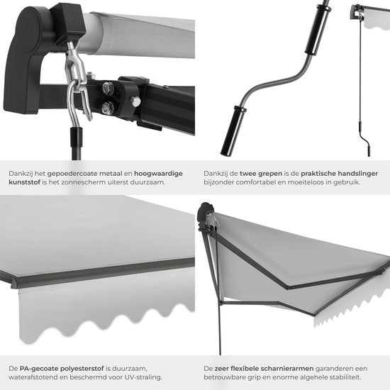 tectake® Zonnescherm met Knikarm - 300 x 250 cm - Zonneluifel - Zonwering voor Raam, Balkon, Buiten - Te Monteren aan Muur - Water- en UV-Bestendig - Lichtgrijs