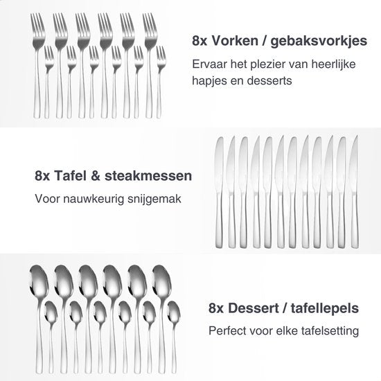 Deleca 8 Persoons Bestekset Essential (48-delig) - Lepels, Messen, Vorken, Steakmessen & Gebaksvorkjes - Vaatwasserbestendig Bestek - Glanzend Zilver / Edelstaal