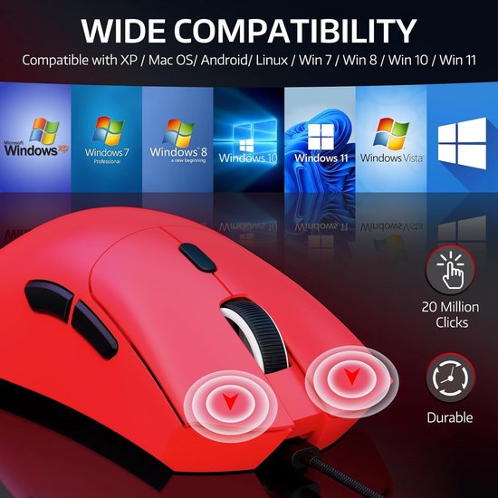 ATTACK SHARK R1 Superlight Gamingmuis 59g – Rood – 12,2 × 6,4 × 3,8 cm – Draadloos & Bedraad – Tot 18.000 DPI – 65 Uur Batterijduur